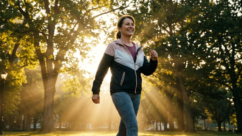 Mulher de meia-idade caminhando alegremente ao ar livre em um parque ensolarado, usando jaqueta esportiva e calça legging cinza, com raios de sol ao fundo.